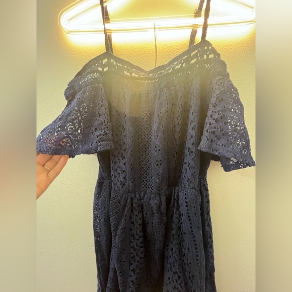 New Boho Navy Blue Floral Lace Cold Shoulder Dress Spring Summer Cute Vacation - Picture 11 of 12